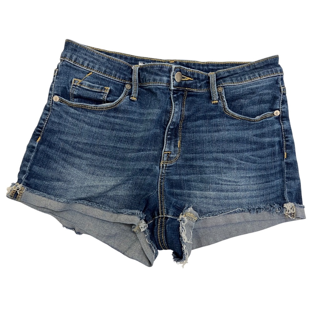 Mossimo Denim High Rise Shorts Dark Wash Raw Hem Power Stretch Size 10/30R